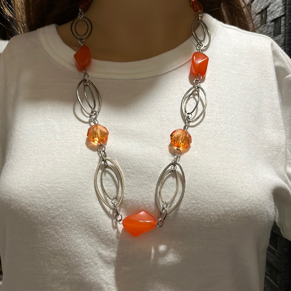Silver double oval and orange bead necklace